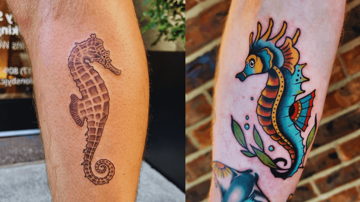 Single needle seahorse tattoo on the inner forearm.